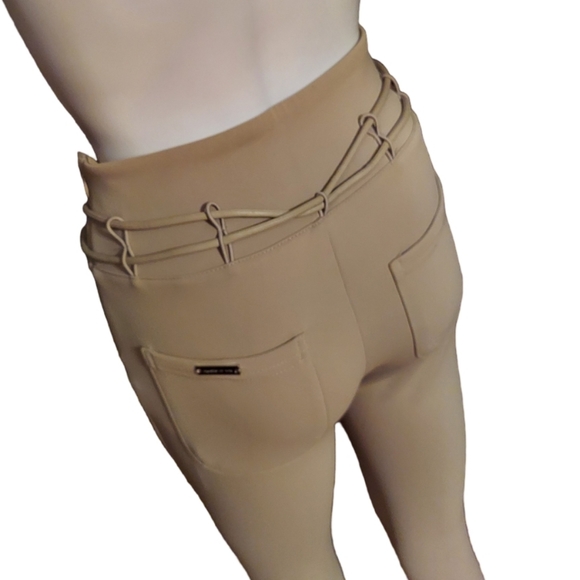 Maniere De Voir Tie Detail Neoprene Zip Ankle Pintucked Leggings In Beige - Picture 6 of 16